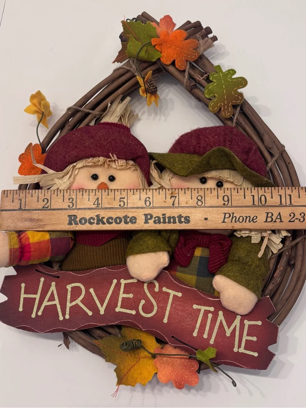 Harvest Time Fall Wreath with Burgundy & Olive Scarecrows